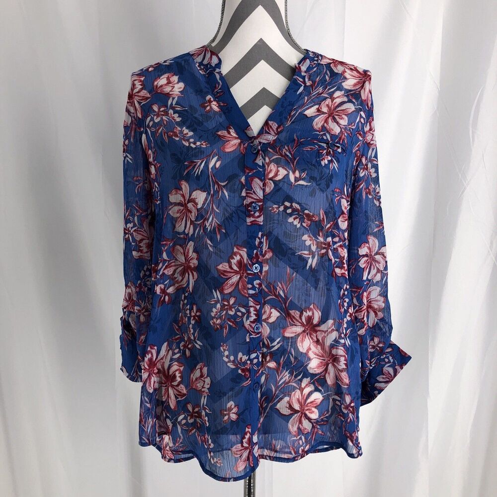 KUT From The Kloth Shirt Womens Large Floral Blue Roll Tab Sleeves Button Up